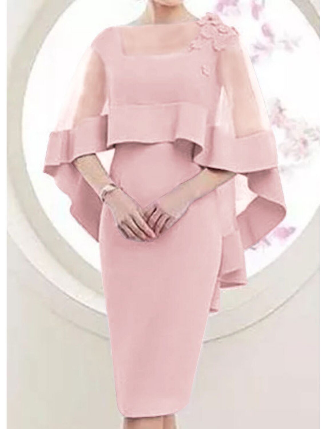 Wholesale Sheath / Column Mother of the Bride Dress Elegant Square Neck Knee Length Satin Tulle 3/4 Length Sleeve with Appliques